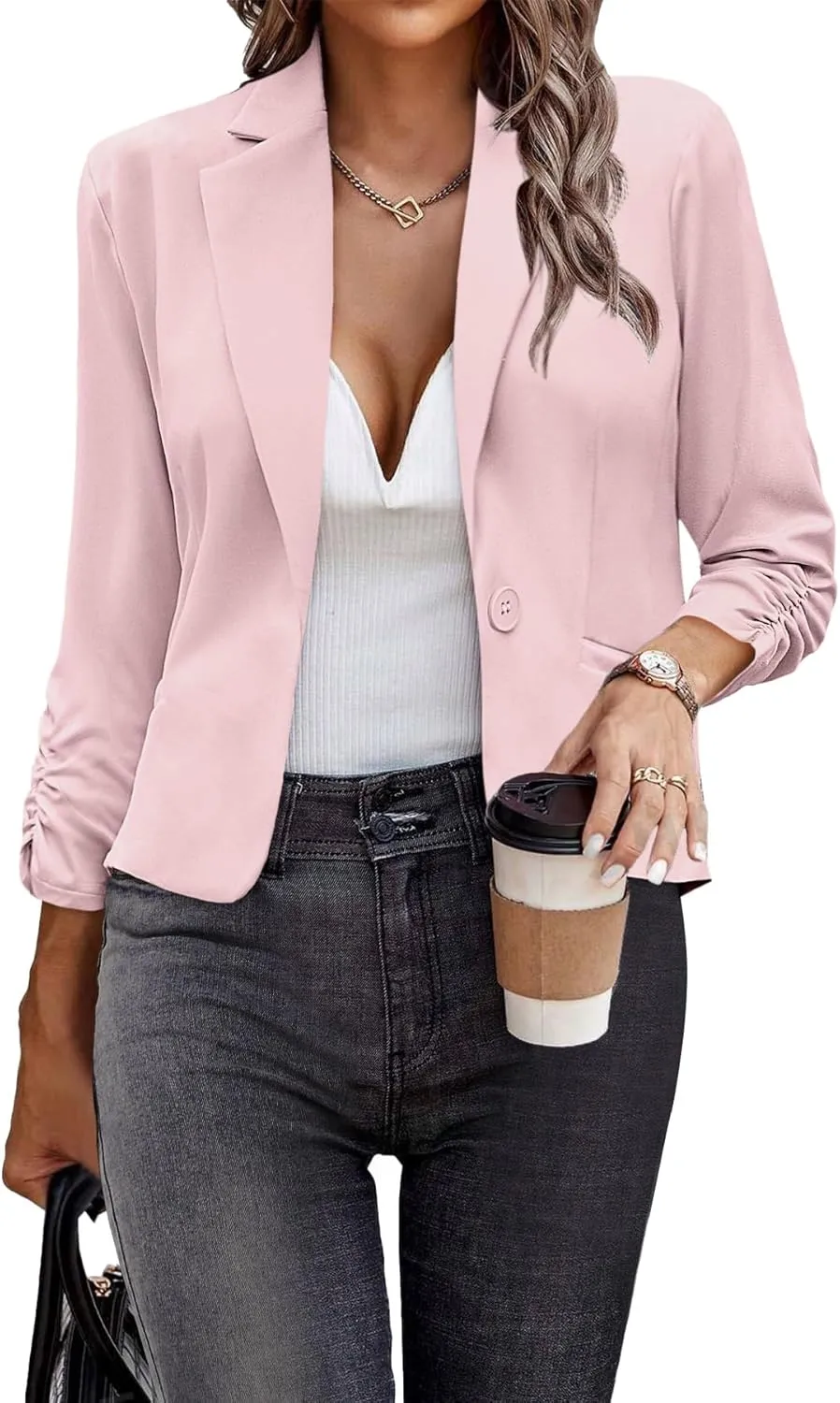 Women Blazers Casual Croppped Cardigan Lightweight 3/4 Sleeve Button Front Knit Blazer Jacket Open Front