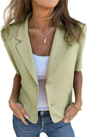 Women Casual Blazers Summer Lapel Open Front Button Half Sleeve Suit Jackets Lightweight Slim Fit Office Work Blazer