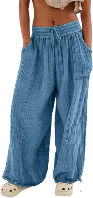 Women Casual Cotton Linen Pants Elastic Waist Wide Leg Loose Pockets Trousers