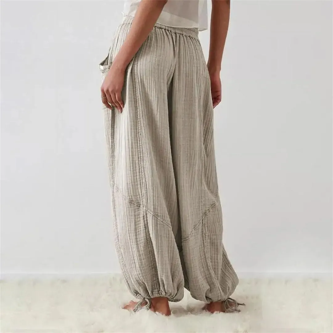 Women Casual Cotton Linen Pants Elastic Waist Wide Leg Loose Pockets Trousers