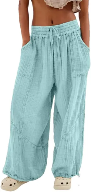 Women Casual Cotton Linen Pants Elastic Waist Wide Leg Loose Pockets Trousers