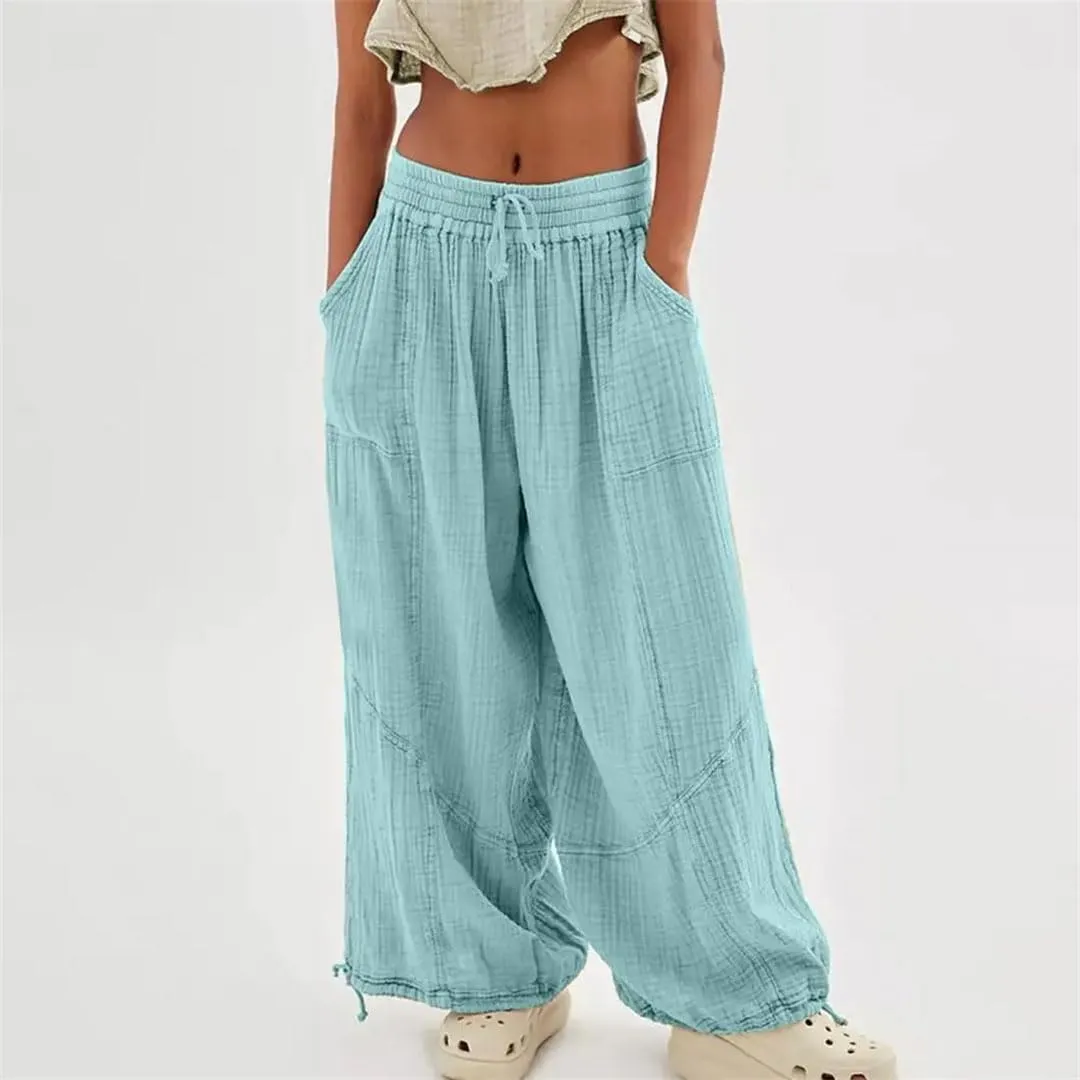 Women Casual Cotton Linen Pants Elastic Waist Wide Leg Loose Pockets Trousers