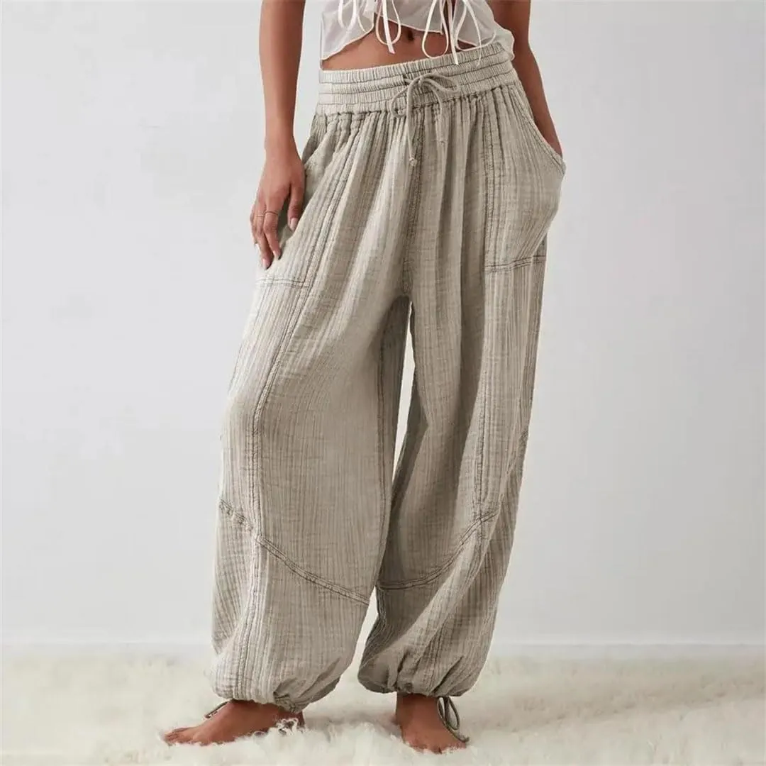 Women Casual Cotton Linen Pants Elastic Waist Wide Leg Loose Pockets Trousers