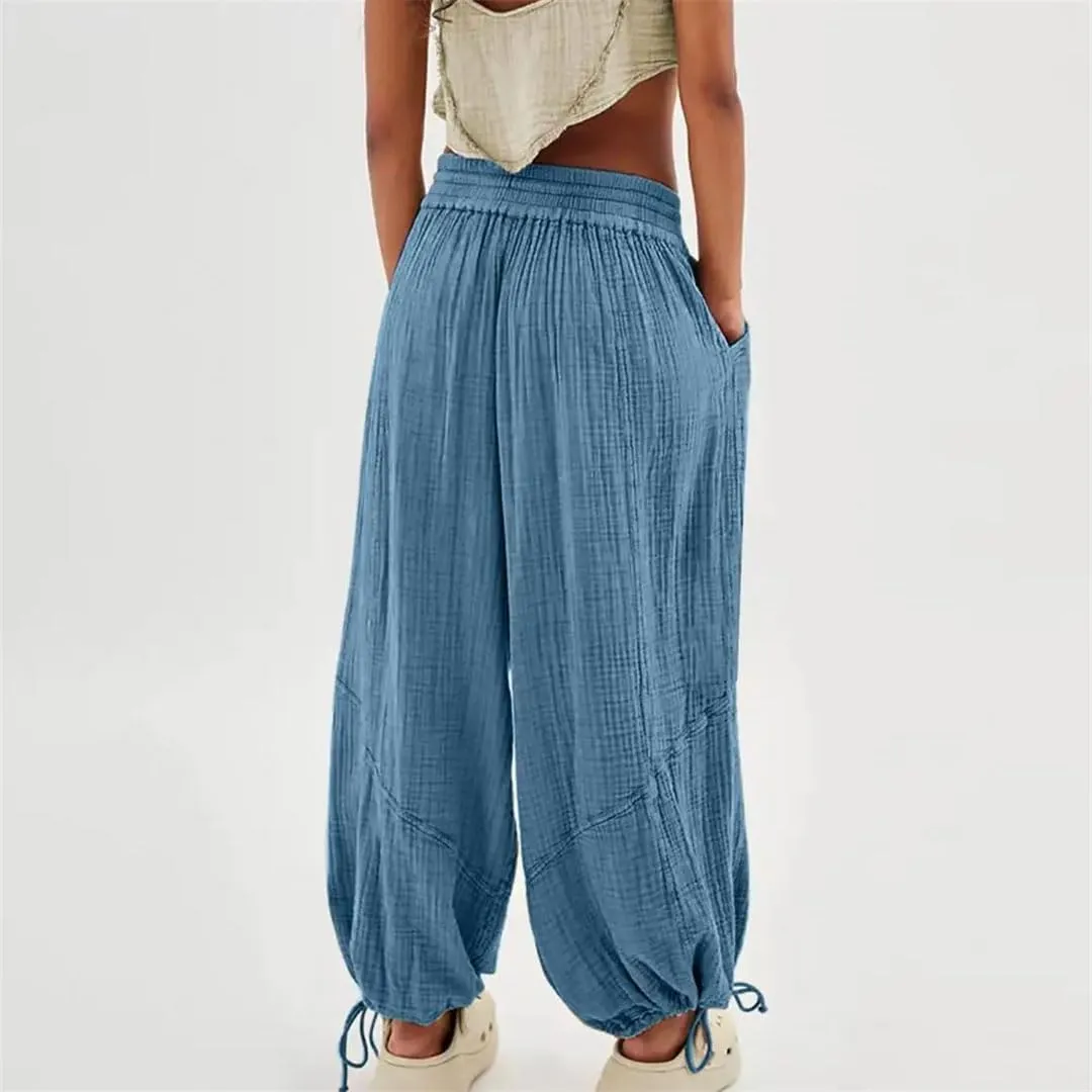 Women Casual Cotton Linen Pants Elastic Waist Wide Leg Loose Pockets Trousers