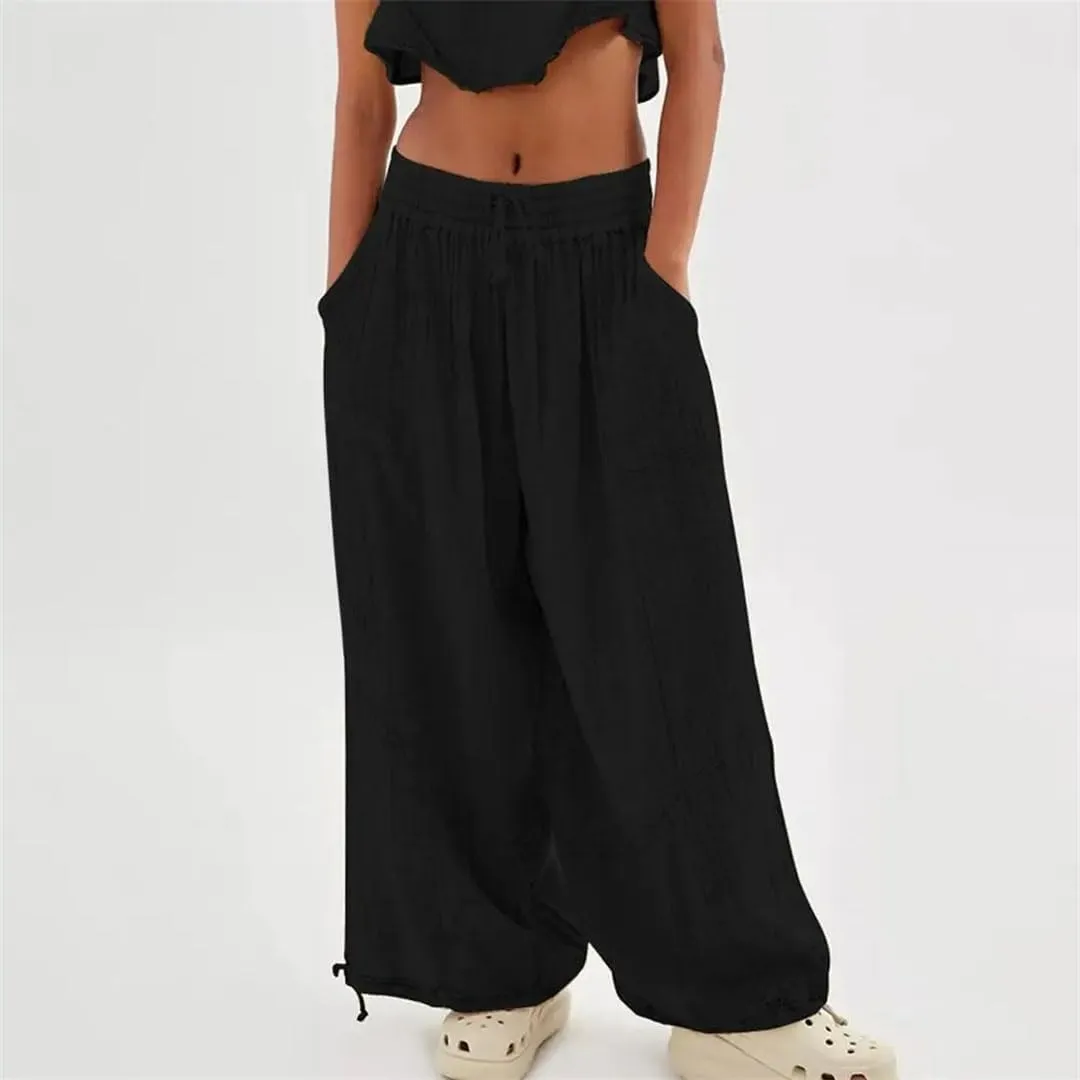 Women Casual Cotton Linen Pants Elastic Waist Wide Leg Loose Pockets Trousers