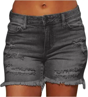 Women Casual Summer Mid Waist Stretchy Denim Jean Shorts Junior Short Jean Elastic Comfy Shorts Straight Fit Jean Shorts