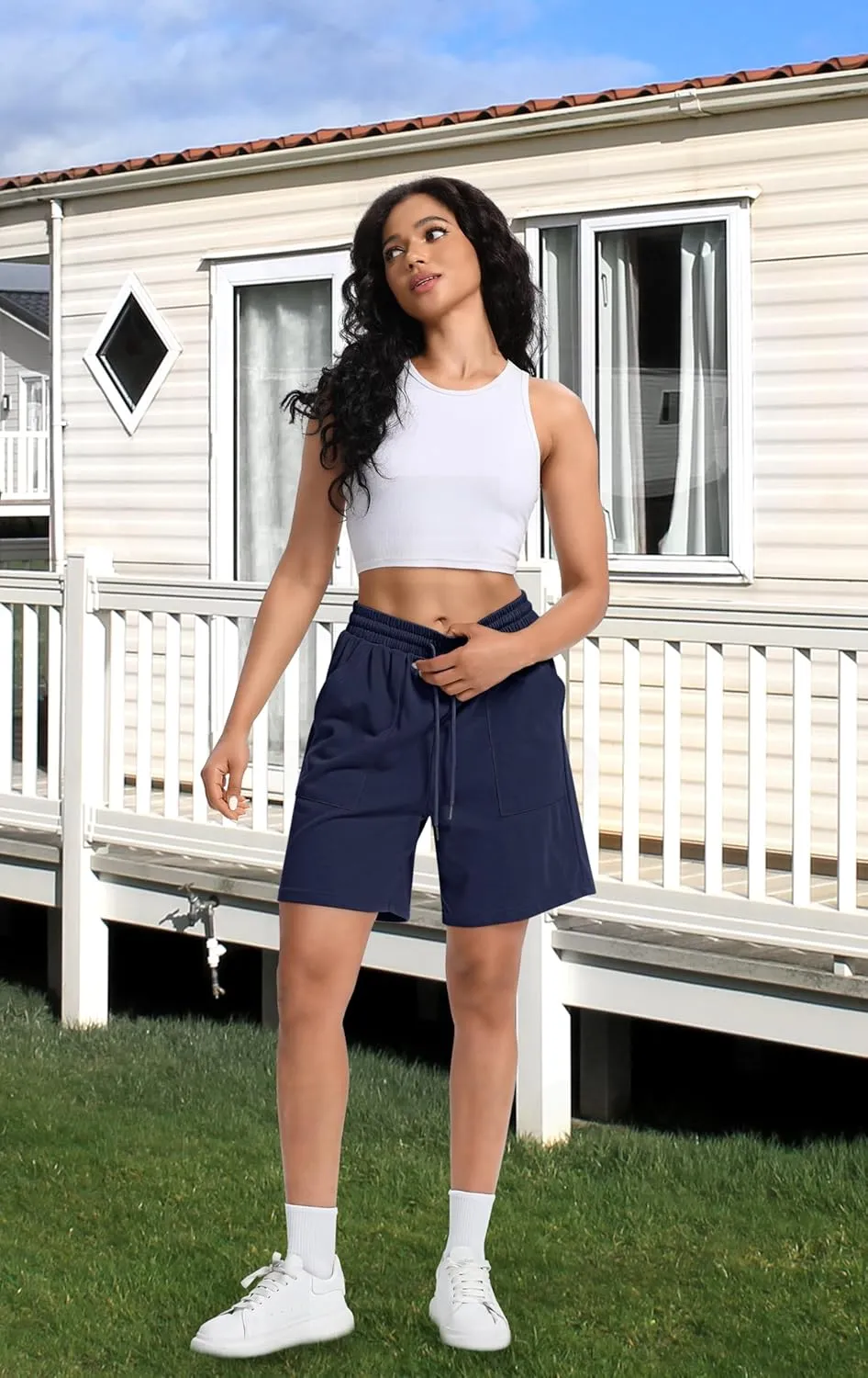 Women Cotton Sweat Shorts Casual Summer High Waist Loose Drawstring Athletic Shorts with Pockets