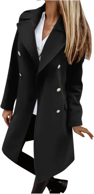 Women Elegant Notched Collar Double Breasted Wool Blend Fall Winter Over Coat Solid Midi-Length Pea Coat Jackets