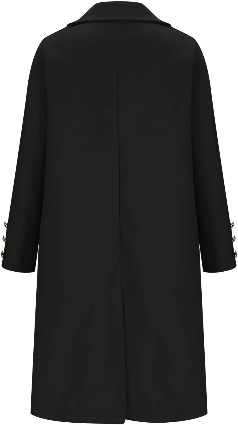 Women Elegant Notched Collar Double Breasted Wool Blend Fall Winter Over Coat Solid Midi-Length Pea Coat Jackets
