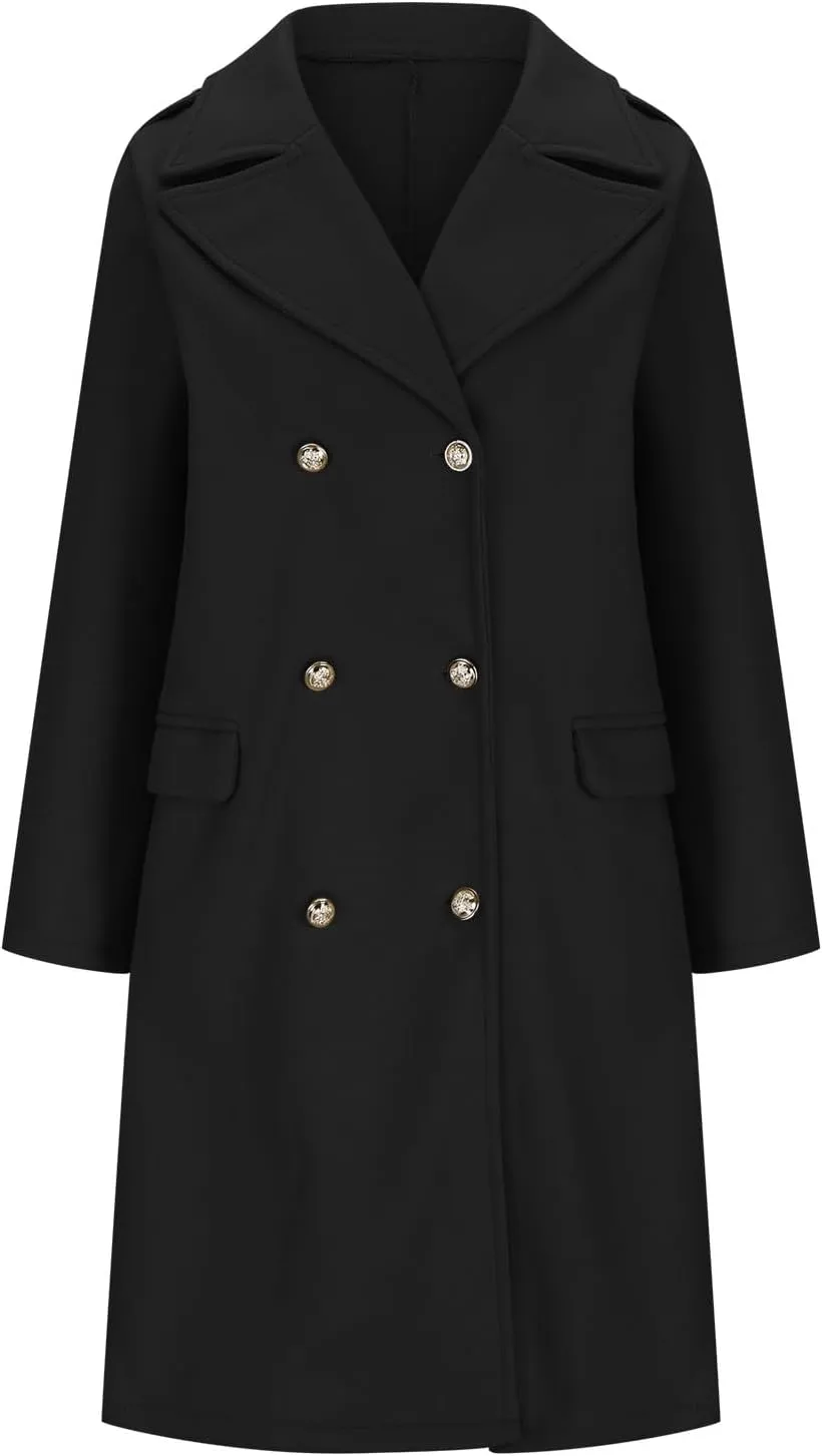 Women Elegant Notched Collar Double Breasted Wool Blend Fall Winter Over Coat Solid Midi-Length Pea Coat Jackets