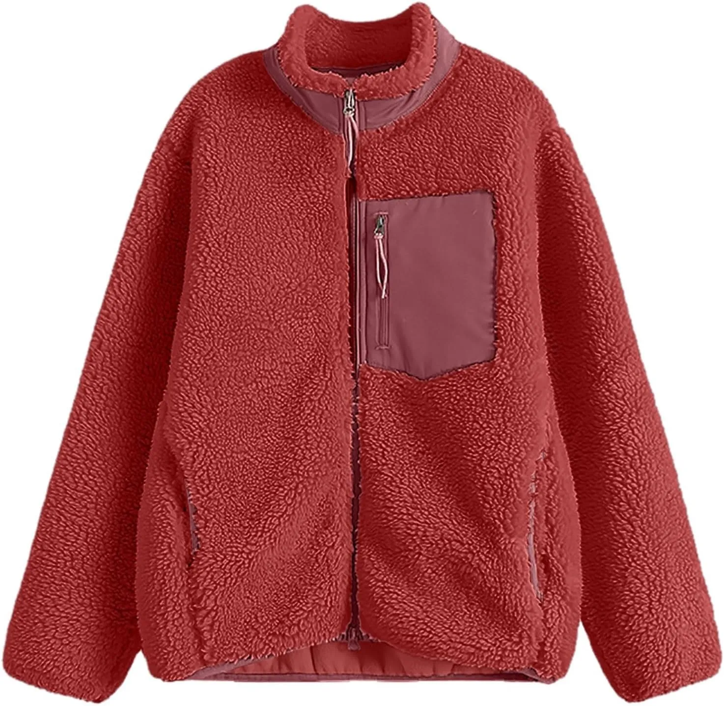 Women Fashion Casual Zipper Loose Windproof Pocket Stand Collar Warm Coat Top Women Fleece Jacket without Hood