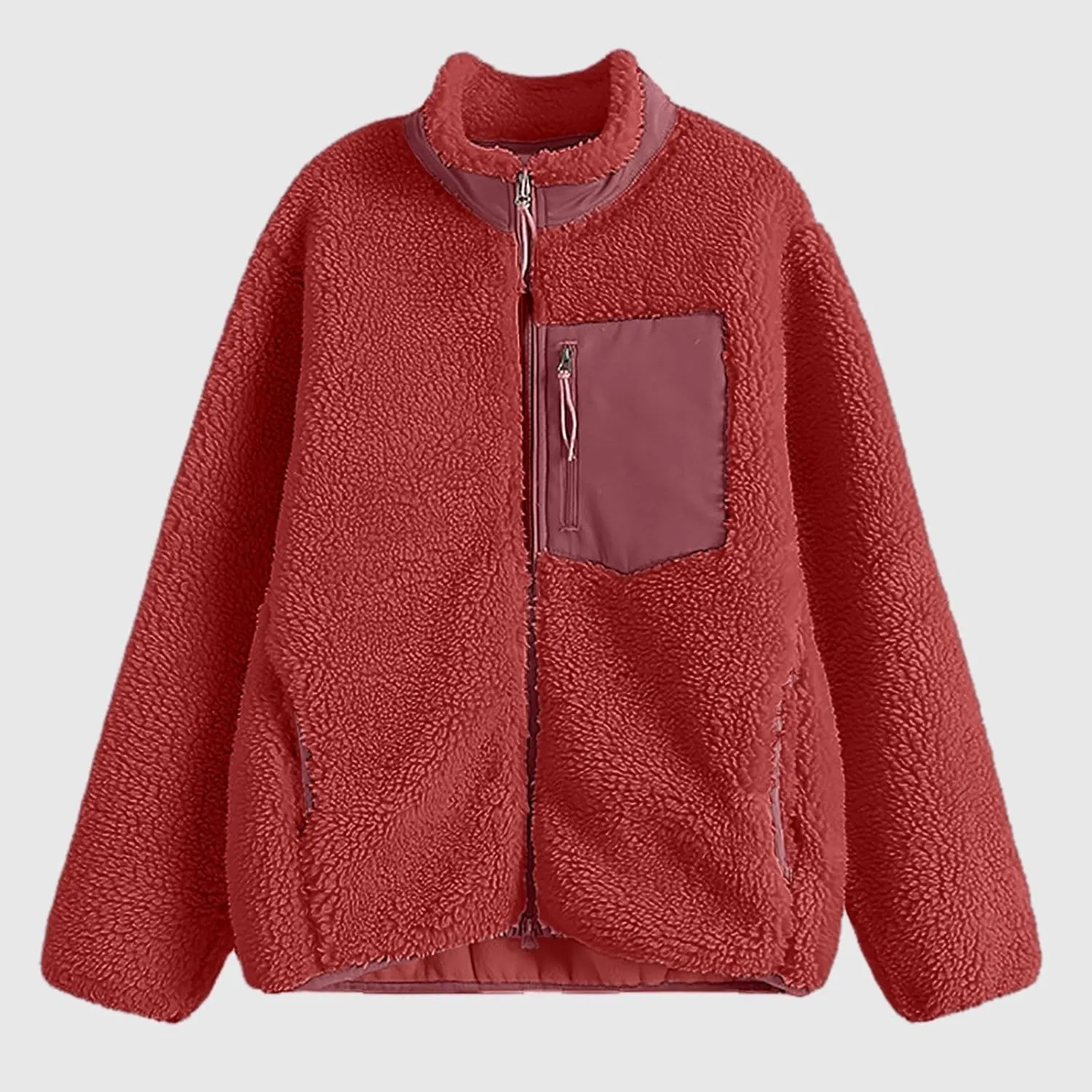 Women Fashion Casual Zipper Loose Windproof Pocket Stand Collar Warm Coat Top Women Fleece Jacket without Hood