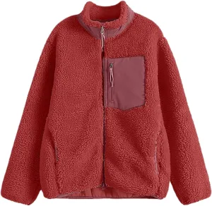Women Fashion Casual Zipper Loose Windproof Pocket Stand Collar Warm Coat Top Women Fleece Jacket without Hood