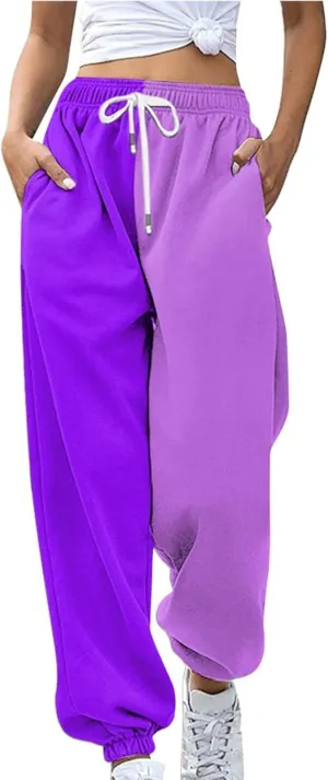 Women Fashion Color Block Pants Trendy Tummy Control Cuffed Trouser Street Hip Hop Palazzo Athletic Casual Sweatpants