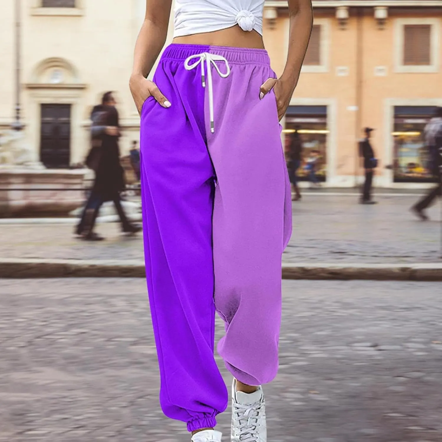 Women Fashion Color Block Pants Trendy Tummy Control Cuffed Trouser Street Hip Hop Palazzo Athletic Casual Sweatpants