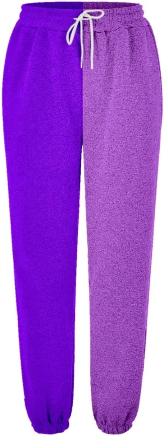 Women Fashion Color Block Pants Trendy Tummy Control Cuffed Trouser Street Hip Hop Palazzo Athletic Casual Sweatpants