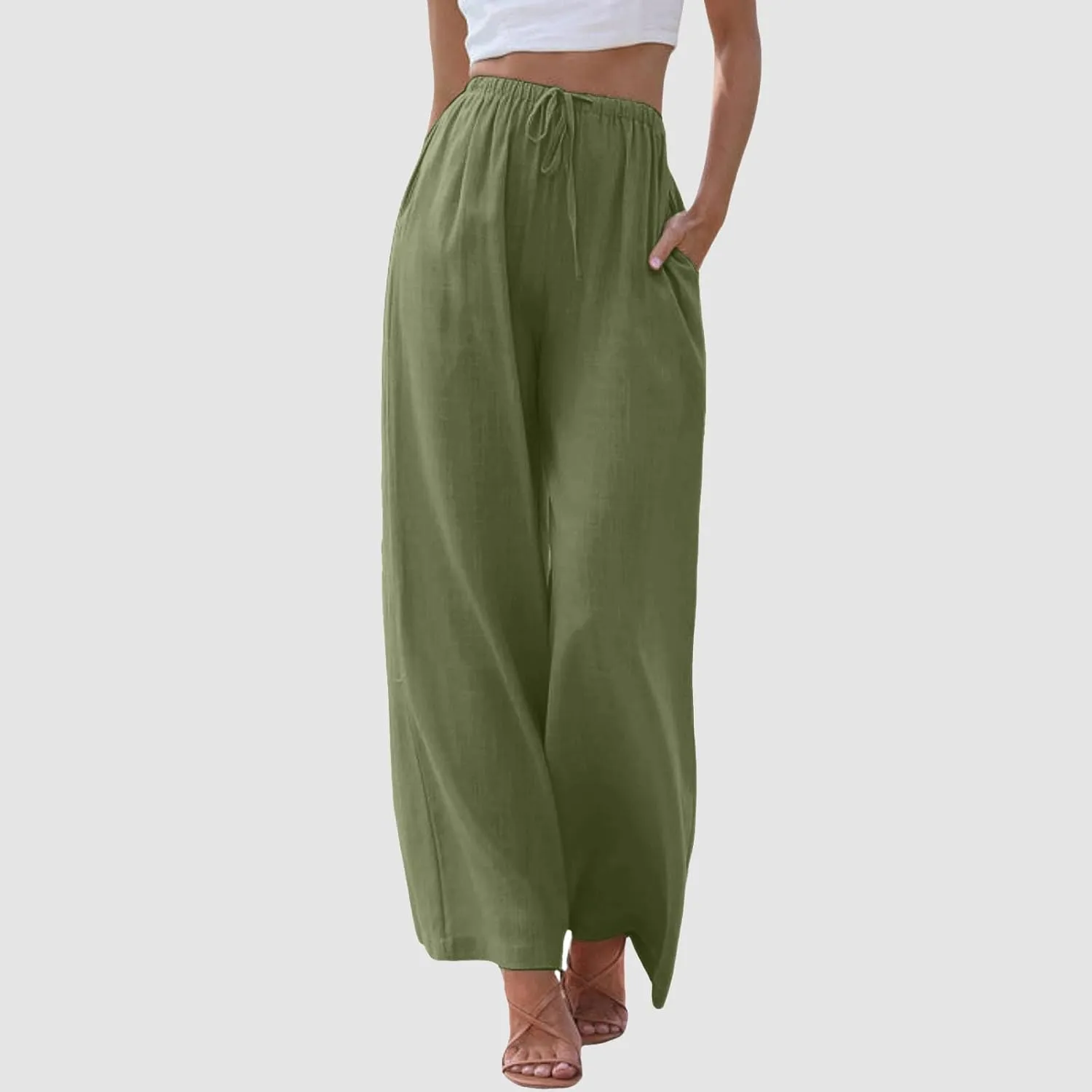 Women High Waisted Wide Leg Pants Fashion Drawstring Elastic Trousers Comfy Straight Leg Long Pants with Pockets