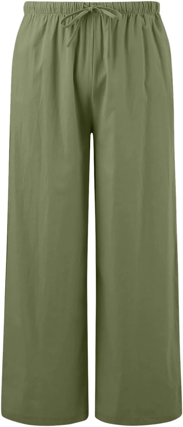 Women High Waisted Wide Leg Pants Fashion Drawstring Elastic Trousers Comfy Straight Leg Long Pants with Pockets
