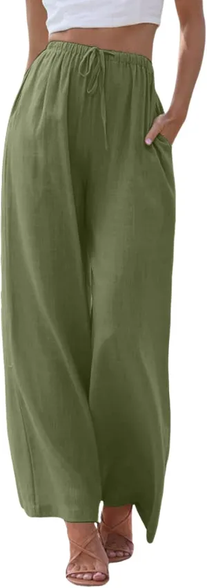 Women High Waisted Wide Leg Pants Fashion Drawstring Elastic Trousers Comfy Straight Leg Long Pants with Pockets