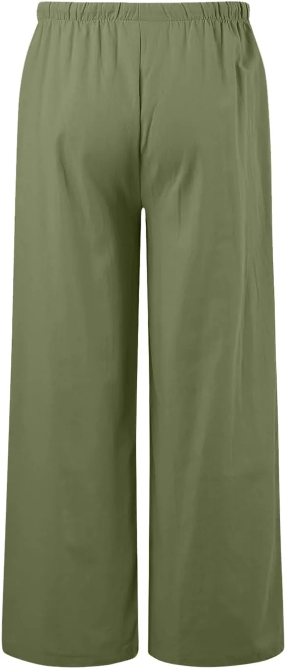 Women High Waisted Wide Leg Pants Fashion Drawstring Elastic Trousers Comfy Straight Leg Long Pants with Pockets
