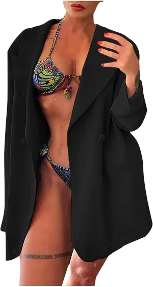 Women Oversized Boyfriend Button Long Blazer Shoulder Pad Jacket Ladies Elegant Casual Work Office Events Suit Jacket