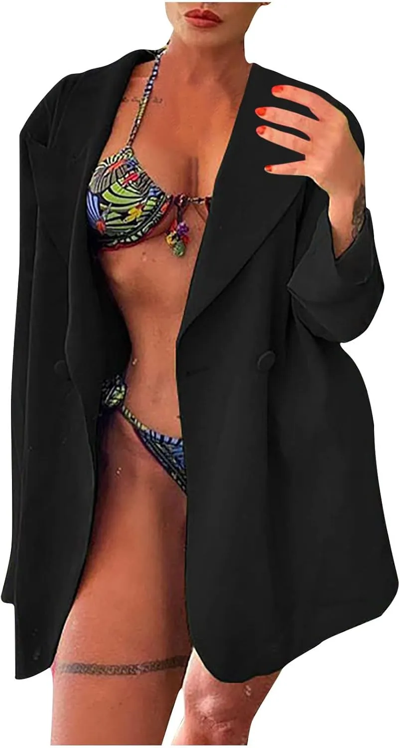 Women Oversized Boyfriend Button Long Blazer Shoulder Pad Jacket Ladies Elegant Casual Work Office Events Suit Jacket