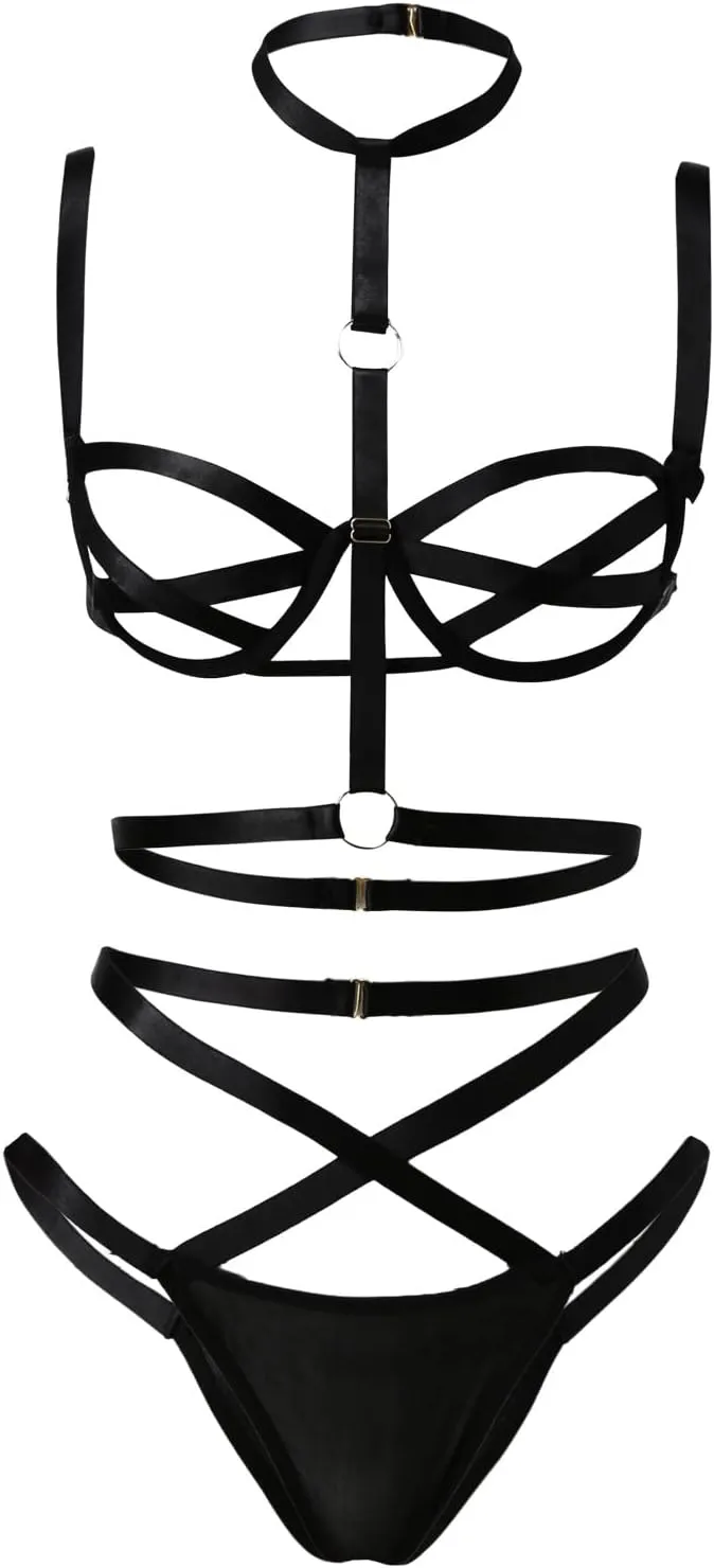 Women Punk Cut Out Harness Strappy Body Caged Lingerie Bralette High Waist Panty Adjustable Ring Bondaged Lingerie Set
