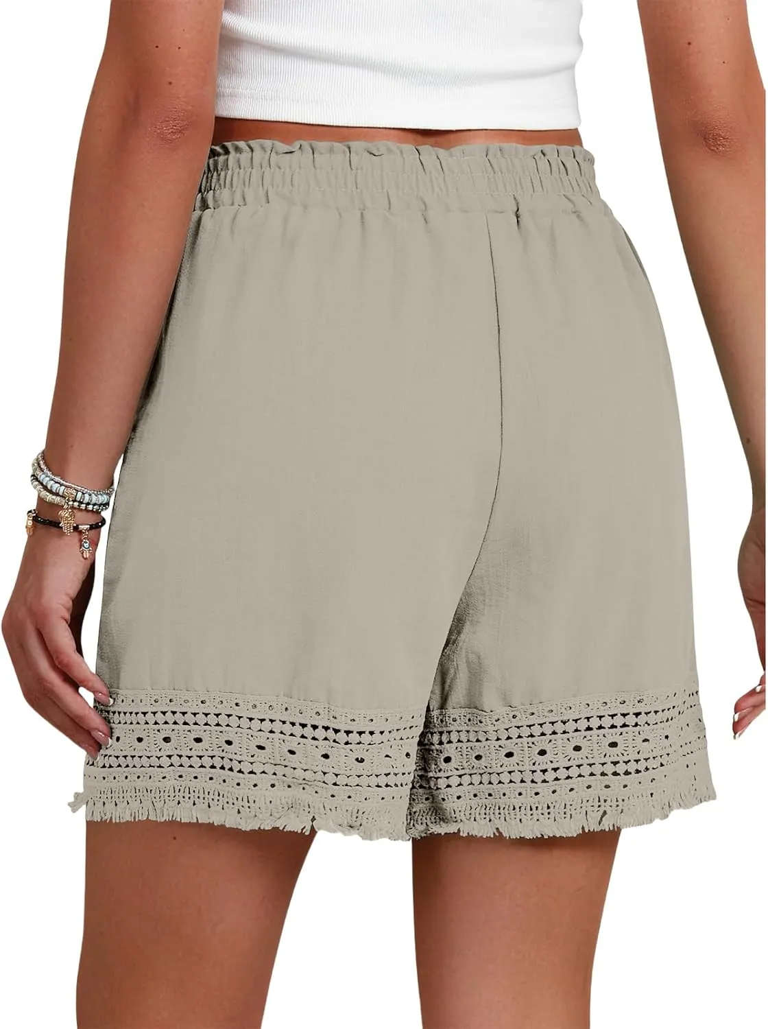 Women Ruffle Lace Trim Shorts Casual Pleated High Waist Lounge Shorts Comfy Bermuda Shorts 2025 Summer Beach Clothes