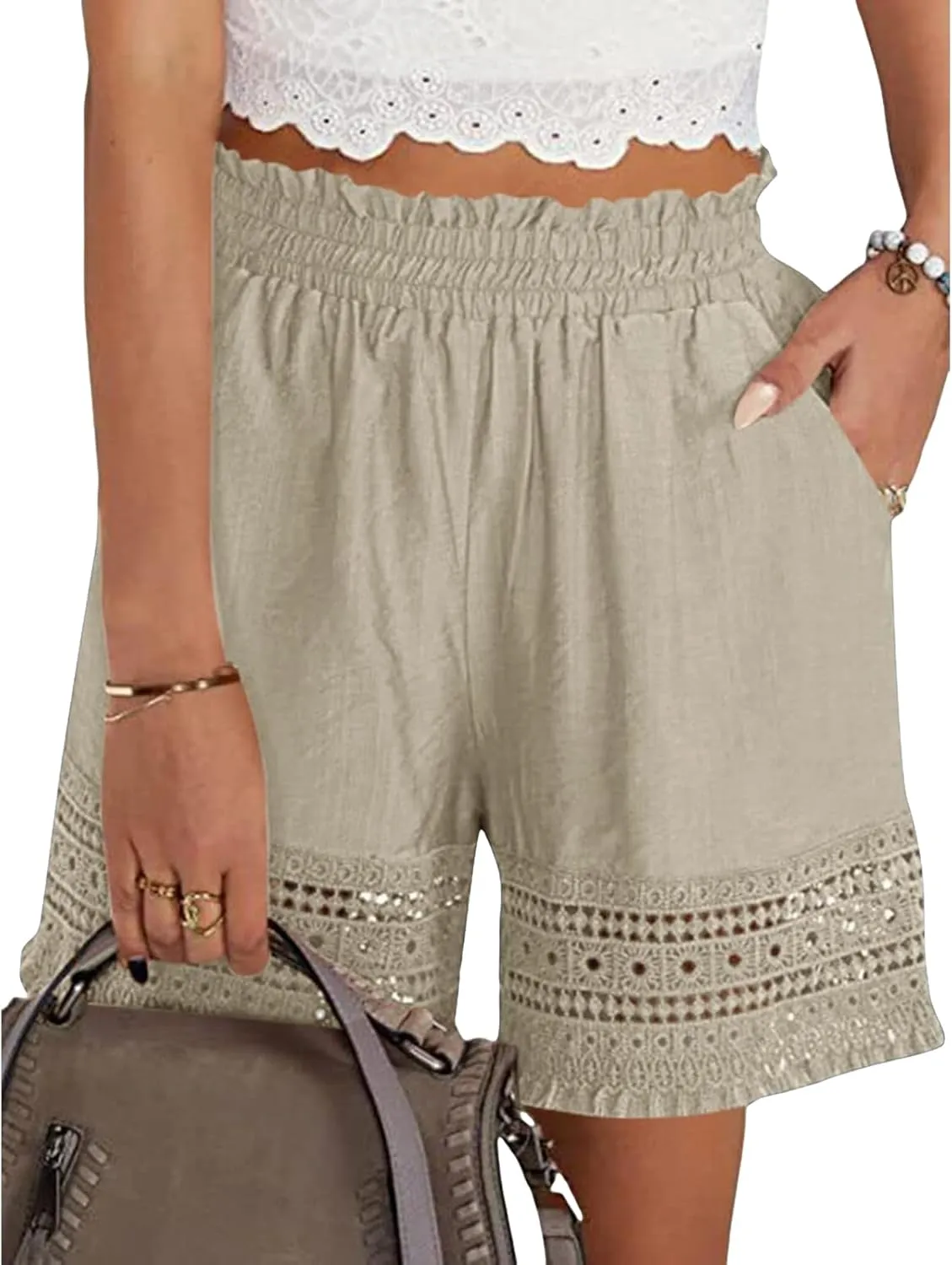 Women Ruffle Lace Trim Shorts Casual Pleated High Waist Lounge Shorts Comfy Bermuda Shorts 2025 Summer Beach Clothes