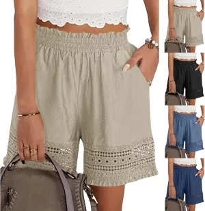 Women Ruffle Lace Trim Shorts Casual Pleated High Waist Lounge Shorts Comfy Bermuda Shorts 2025 Summer Beach Clothes
