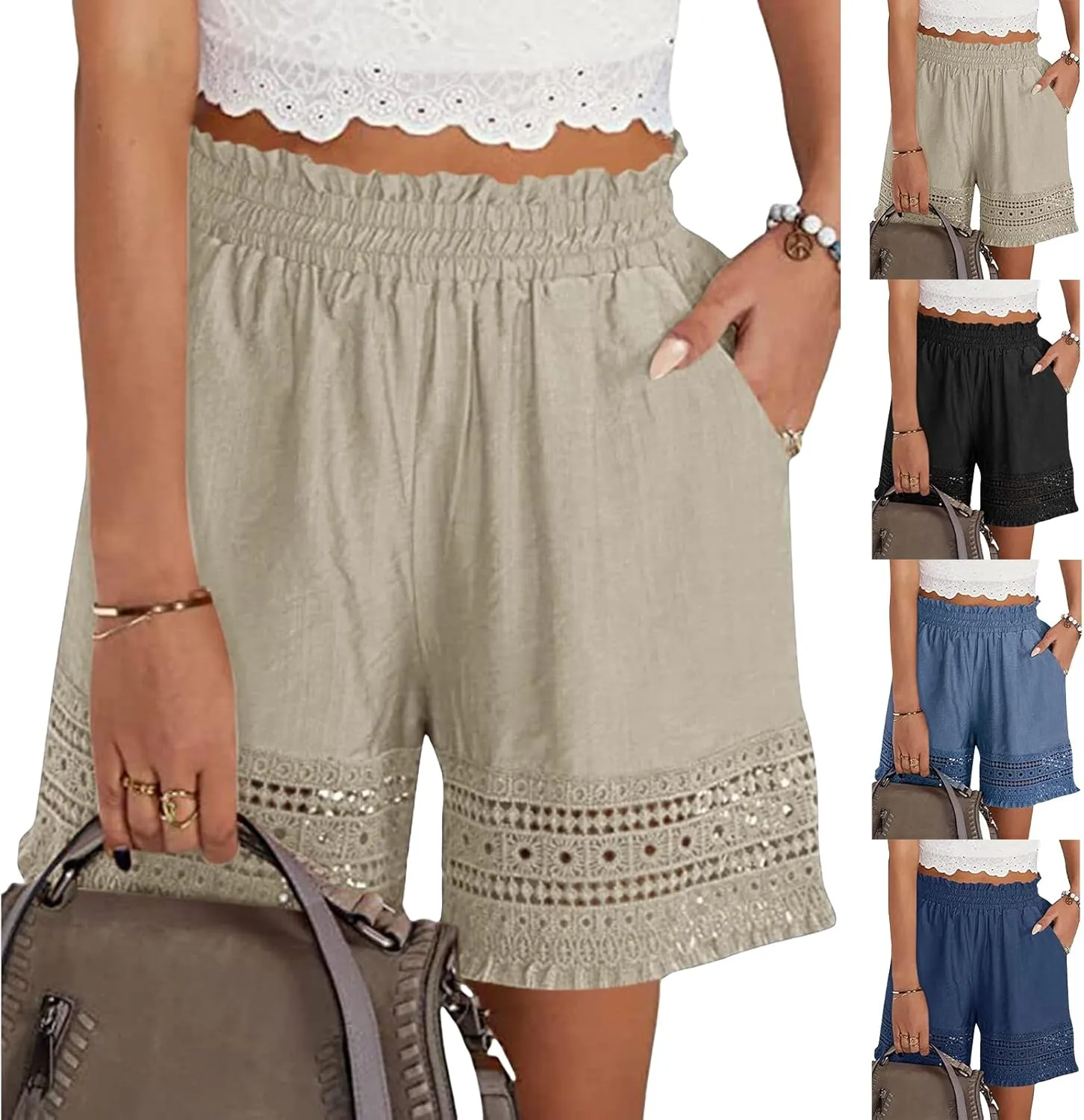 Women Ruffle Lace Trim Shorts Casual Pleated High Waist Lounge Shorts Comfy Bermuda Shorts 2025 Summer Beach Clothes