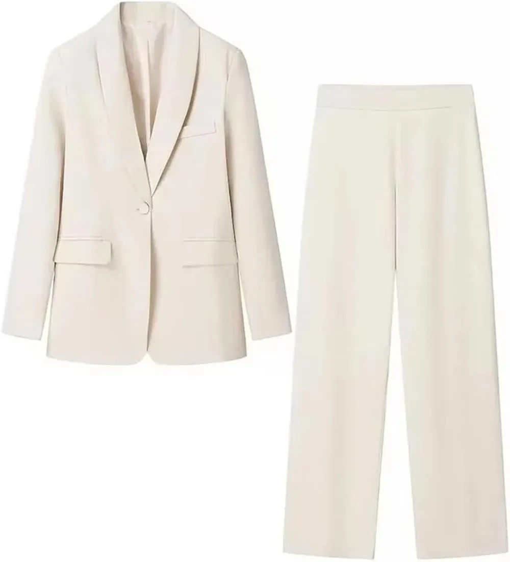 Women Solid One Button Pocket Decoration Lapel Long Sleeves Blazers High Waist Side Zipper 2 Piece Set