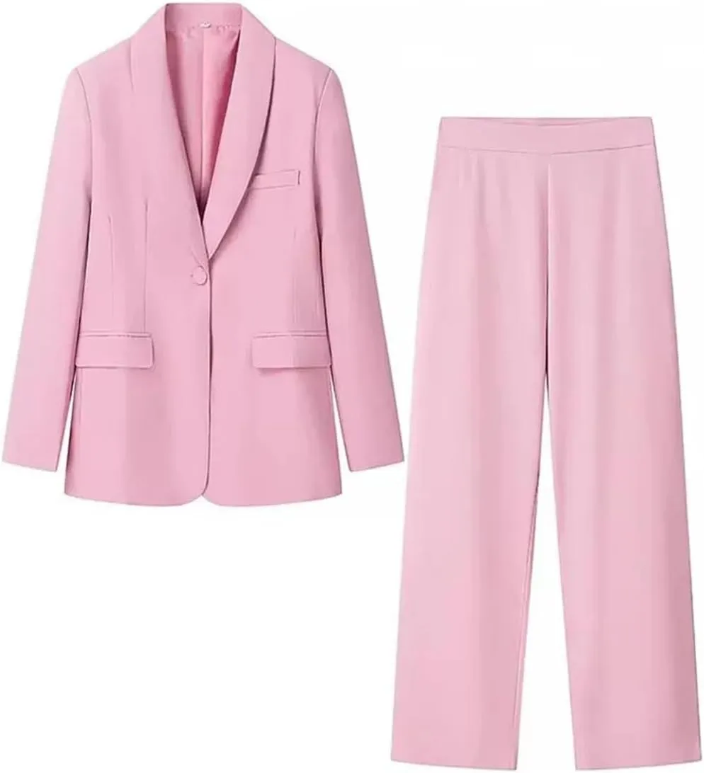 Women Solid One Button Pocket Decoration Lapel Long Sleeves Blazers High Waist Side Zipper 2 Piece Set