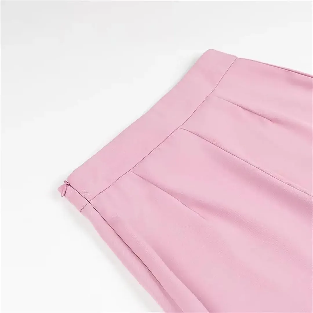 Women Solid One Button Pocket Decoration Lapel Long Sleeves Blazers High Waist Side Zipper 2 Piece Set