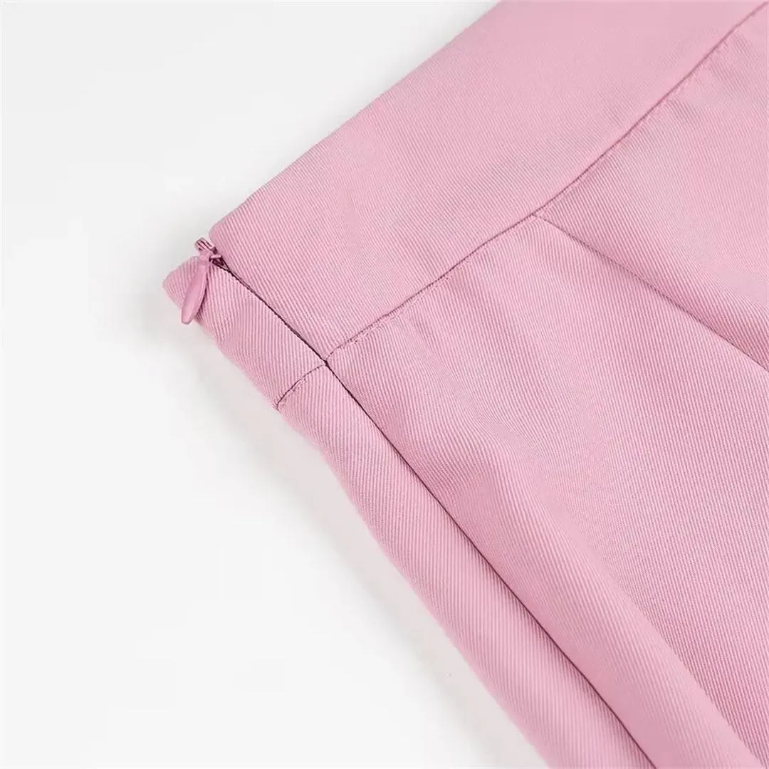 Women Solid One Button Pocket Decoration Lapel Long Sleeves Blazers High Waist Side Zipper 2 Piece Set