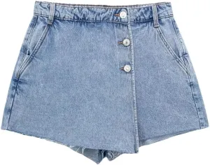 Women Solid Shorts Elegant Vintage Buckle Decoration Shorts Commute Mini Skirt
