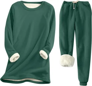 Women Warm Pajama Set Fleece Lined Long Sleeve Crewneck Sweatshirt Pullover Tops Thicken High Waist Pants Lounge Sets