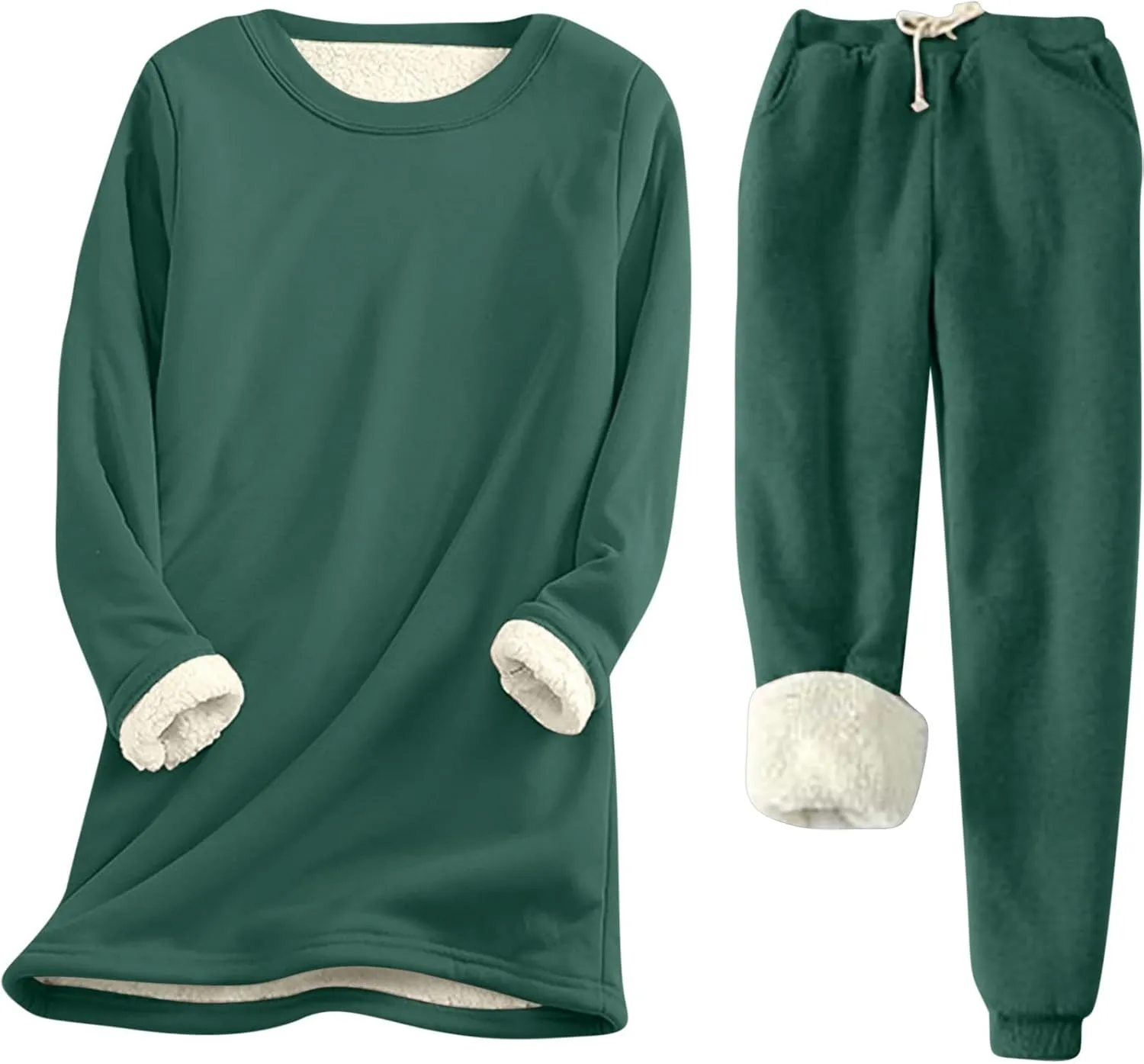 Women Warm Pajama Set Fleece Lined Long Sleeve Crewneck Sweatshirt Pullover Tops Thicken High Waist Pants Lounge Sets