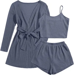 Womens 3 Piece Waffle Knit Pajama Sets Lounge Sleepwear Tank Top and Shorts Cardigan
