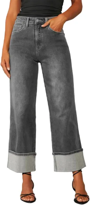 Women's Baggy Cuffed Jeans High Waist Wide Straight Leg Jean Loose Stretchy Denim Trouser Pants
