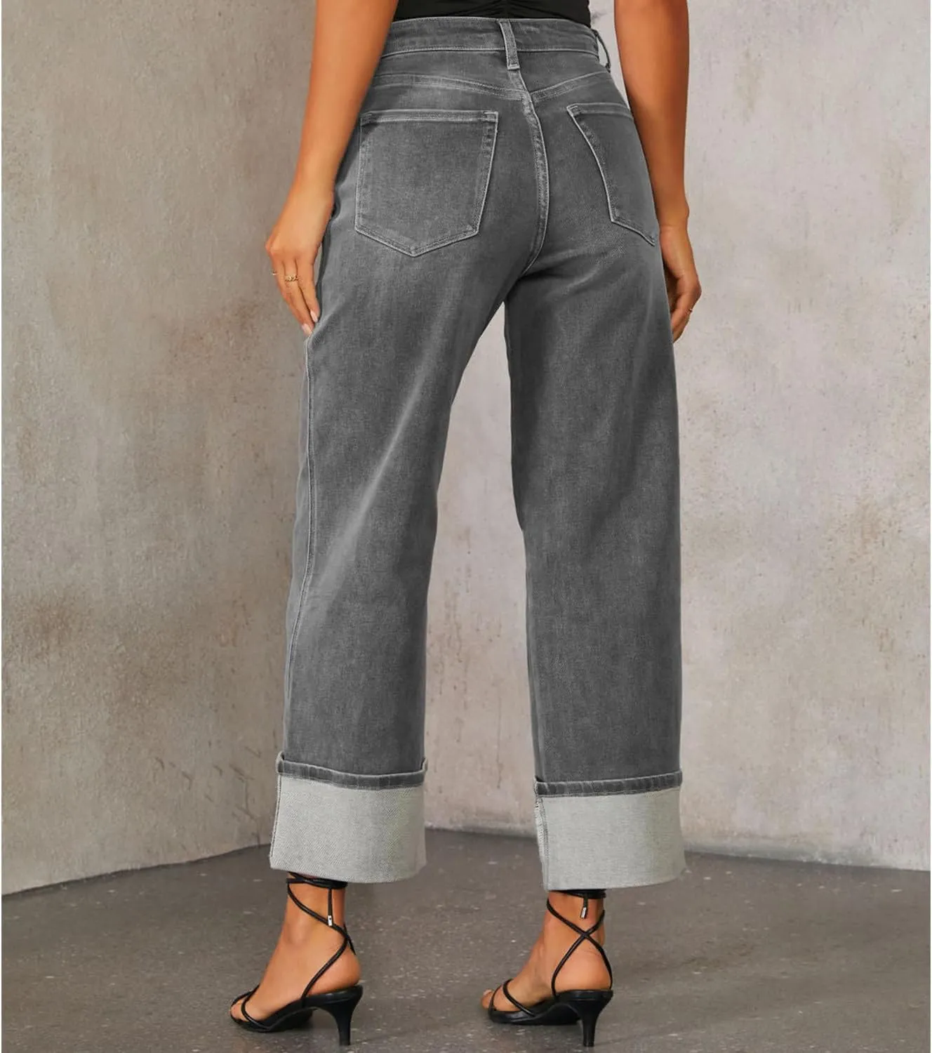 Women's Baggy Cuffed Jeans High Waist Wide Straight Leg Jean Loose Stretchy Denim Trouser Pants