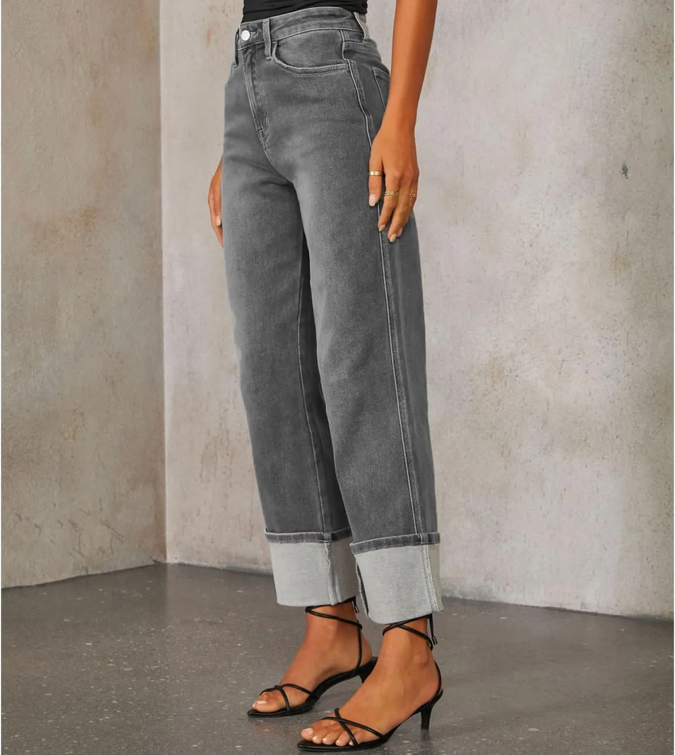 Women's Baggy Cuffed Jeans High Waist Wide Straight Leg Jean Loose Stretchy Denim Trouser Pants