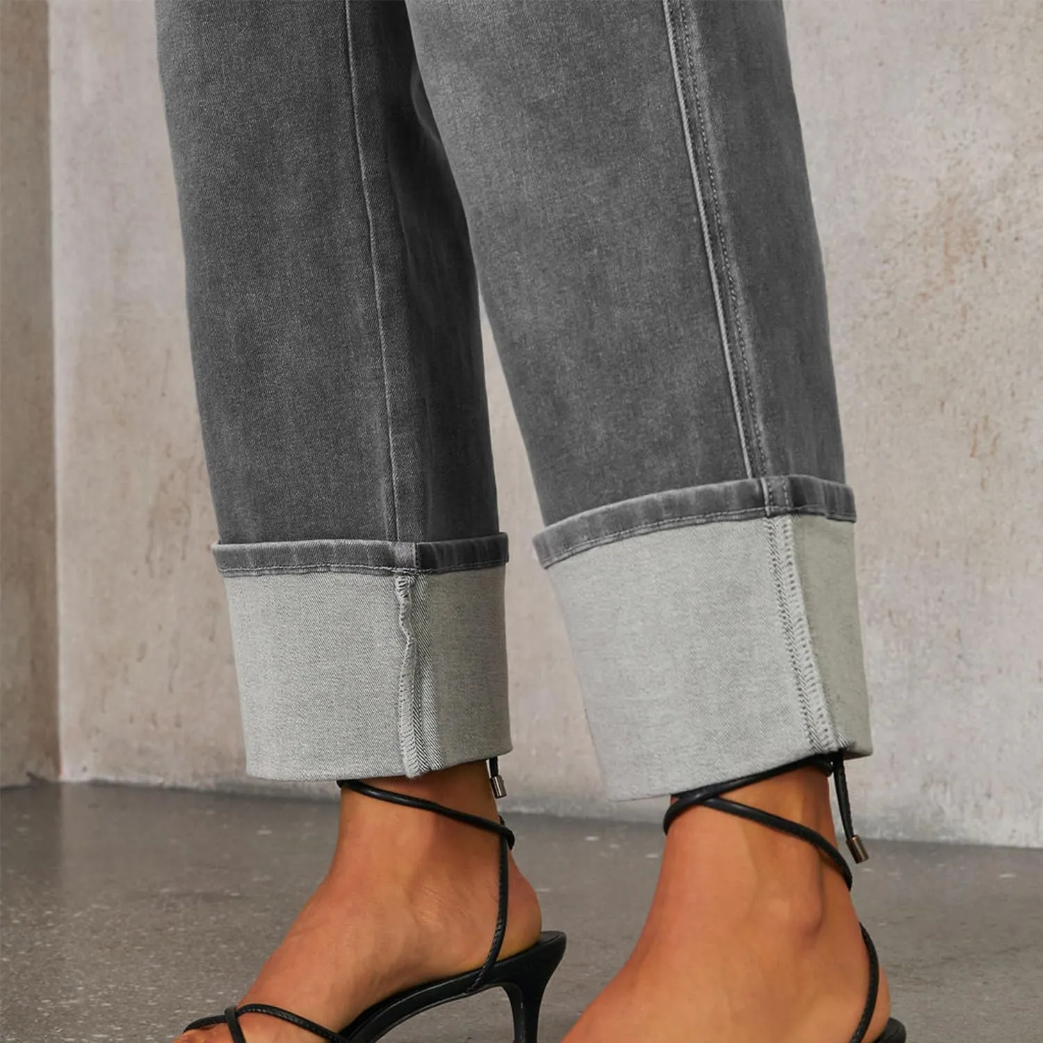 Women's Baggy Cuffed Jeans High Waist Wide Straight Leg Jean Loose Stretchy Denim Trouser Pants