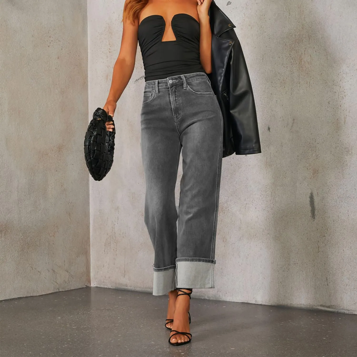 Women's Baggy Cuffed Jeans High Waist Wide Straight Leg Jean Loose Stretchy Denim Trouser Pants