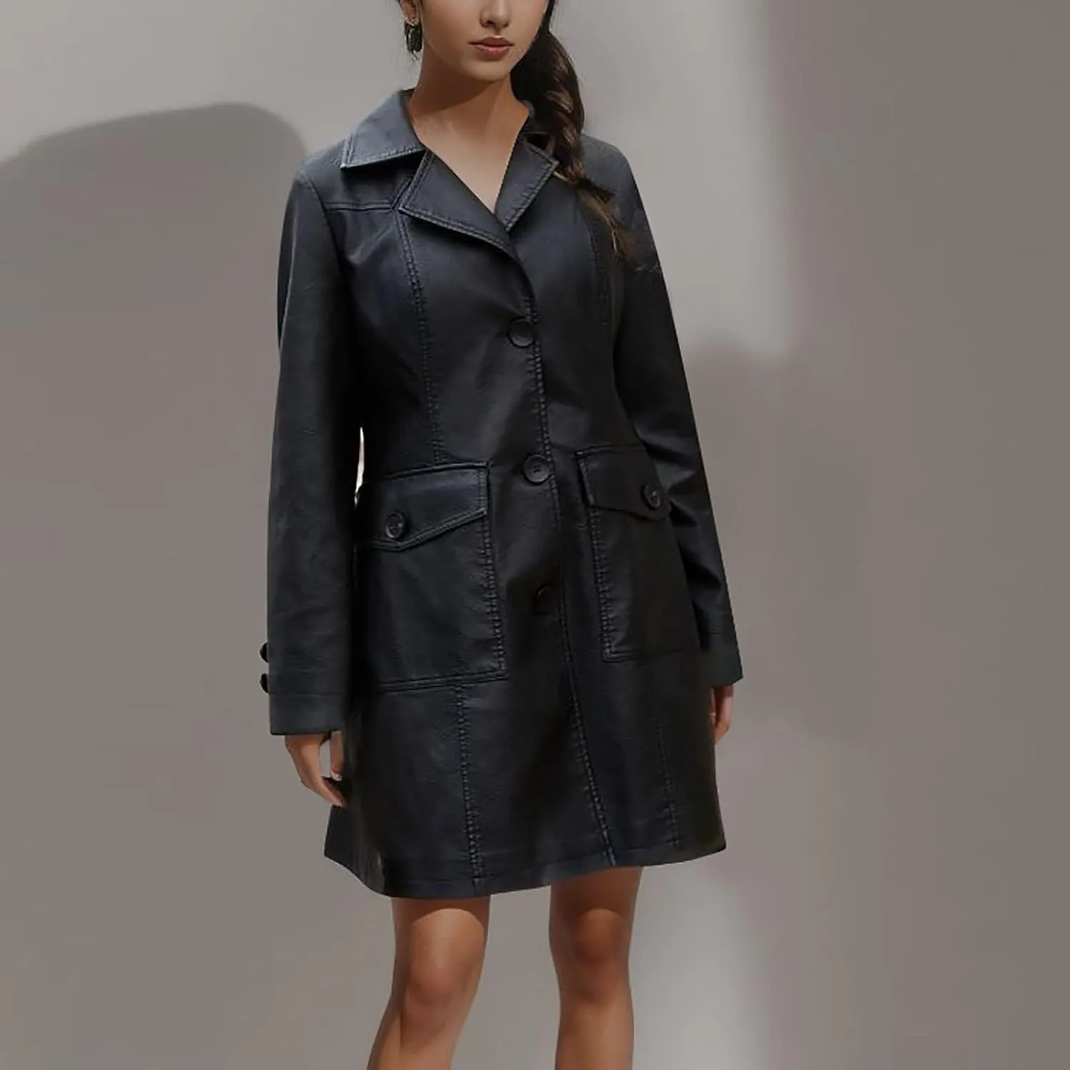 Women's Blazer Button Lapel Long Sleeve Pocket Leather Mid-Length Dressy Casual Business Comfy Stylish Work Suit