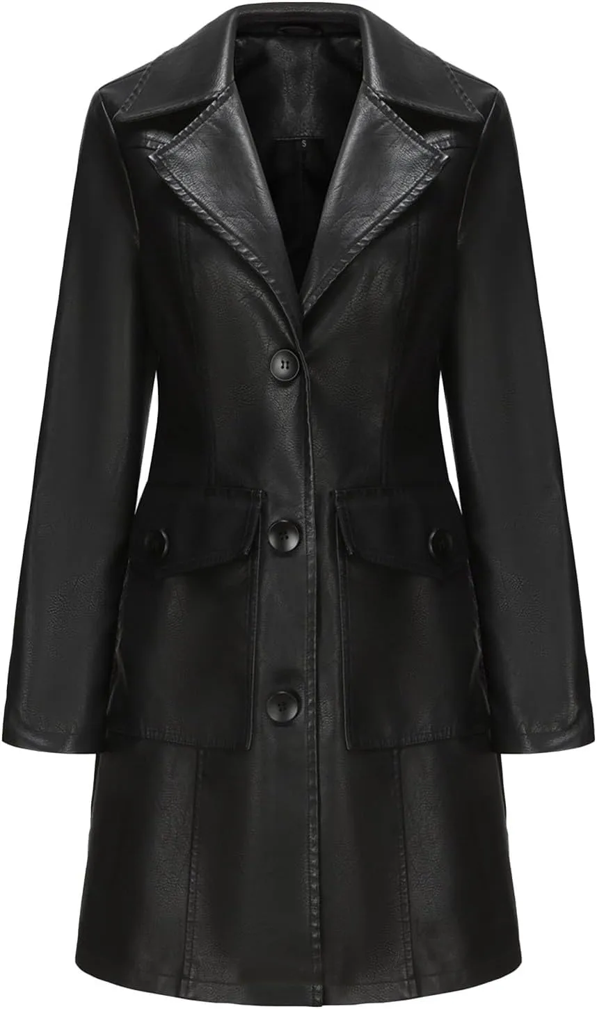 Women's Blazer Button Lapel Long Sleeve Pocket Leather Mid-Length Dressy Casual Business Comfy Stylish Work Suit