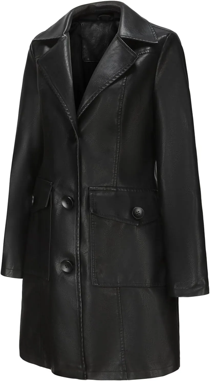 Women's Blazer Button Lapel Long Sleeve Pocket Leather Mid-Length Dressy Casual Business Comfy Stylish Work Suit