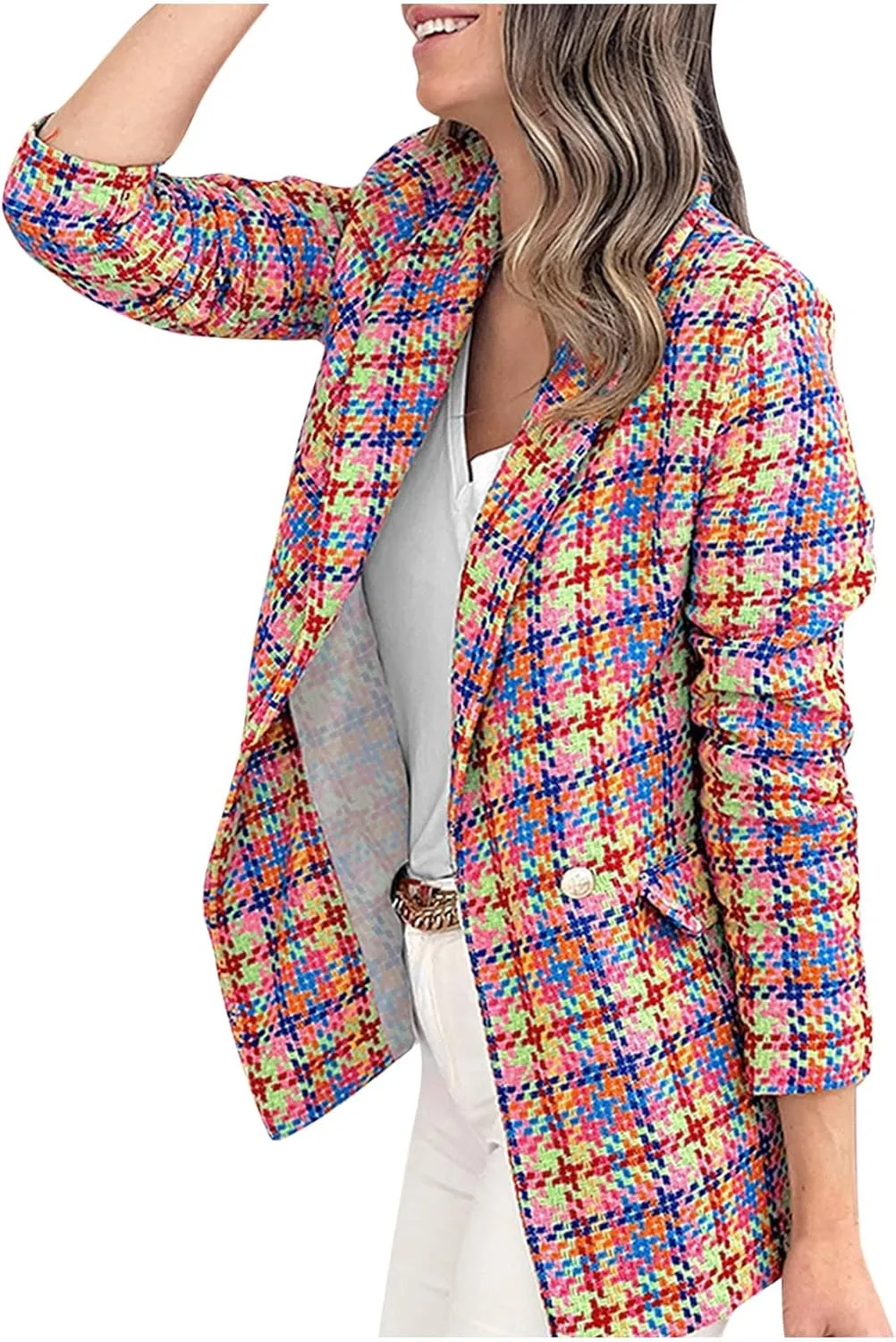 Womens Blazer Suit Open Front Cardigan Plaid Printed Coats Jackets Casual Work Office Blazer Smart Formal Jacket Top