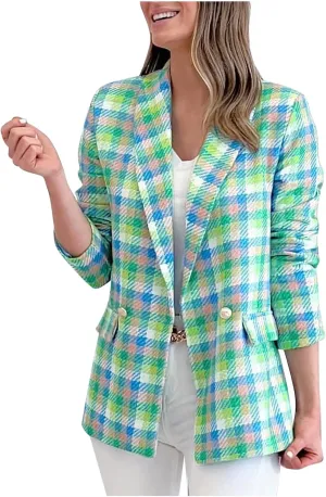 Womens Blazer Suit Open Front Cardigan Plaid Printed Coats Jackets Casual Work Office Blazer Smart Formal Jacket Top