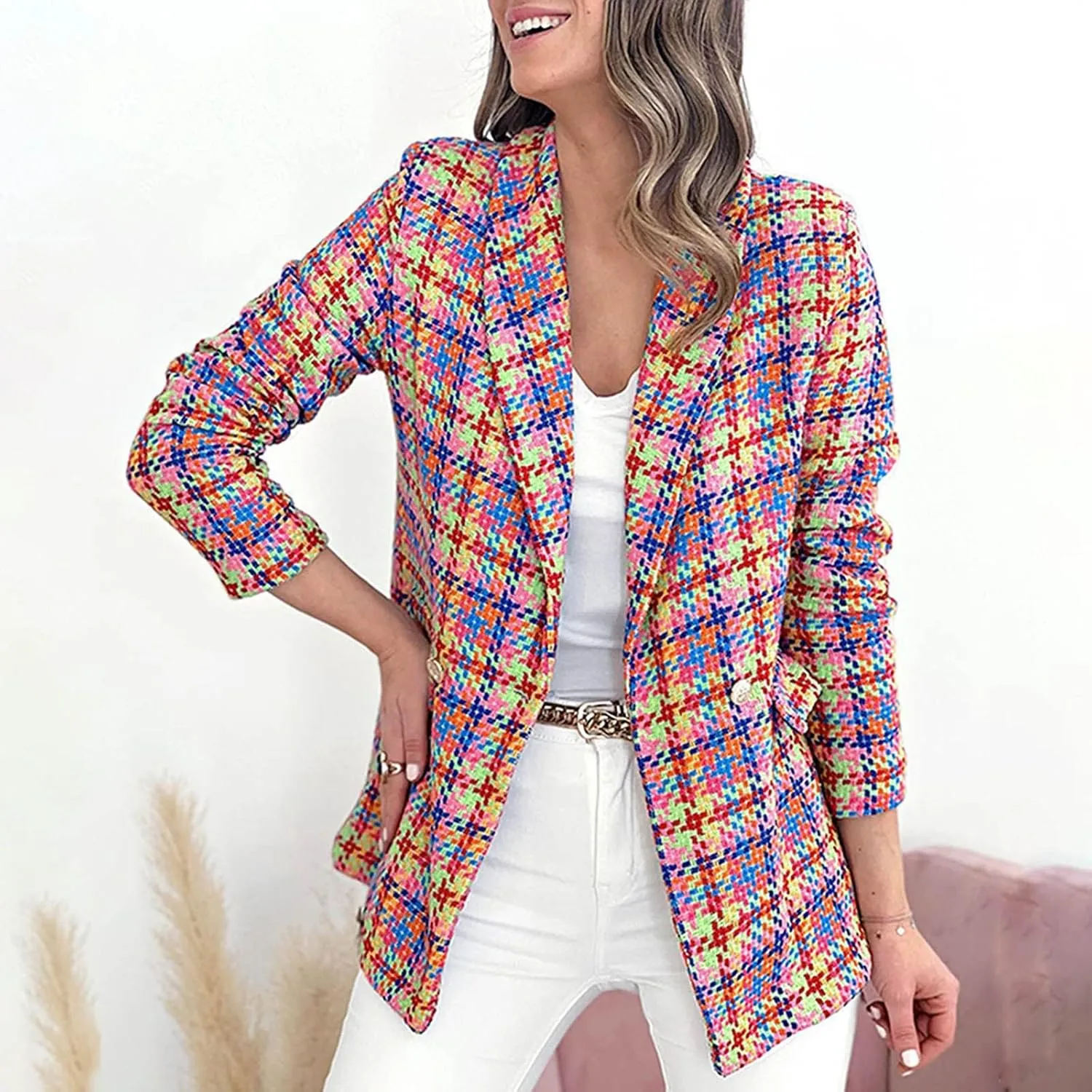 Womens Blazer Suit Open Front Cardigan Plaid Printed Coats Jackets Casual Work Office Blazer Smart Formal Jacket Top